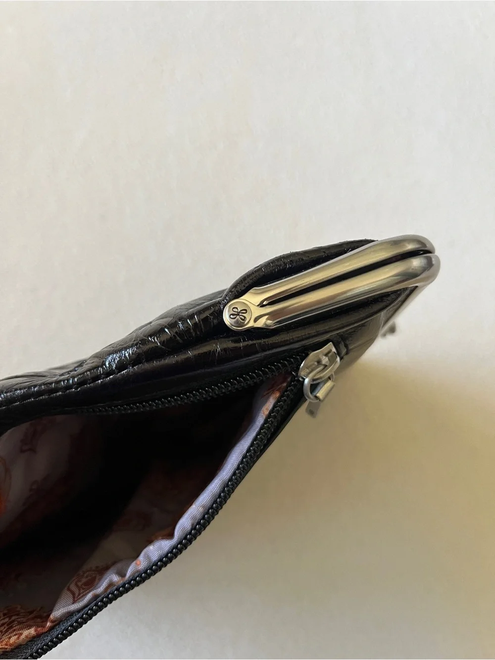 HOBO Black Floral Flower Embossed Leather Wallet Clutch Paisley Lining Silver